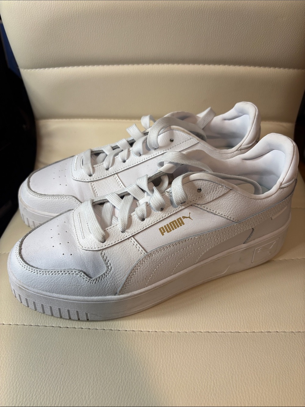 Puma Women's White Leather Platform Sneakers with Gold Logo